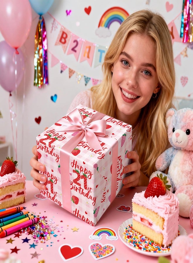 LeZakaa Happy 21st Birthday Wrapping Paper Roll, Strawberry & Pink Gingham Gift Wrap for Woman’s Twenty-First Age21 Birthday Party, Gifts & Celebrations, Mini Roll 17 in x 16.4 Ft - Image 2